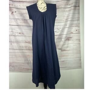 WaxWing Pleated Maxi Dress Womens L Short Sleeves Scoop Neck Lightweight Blue